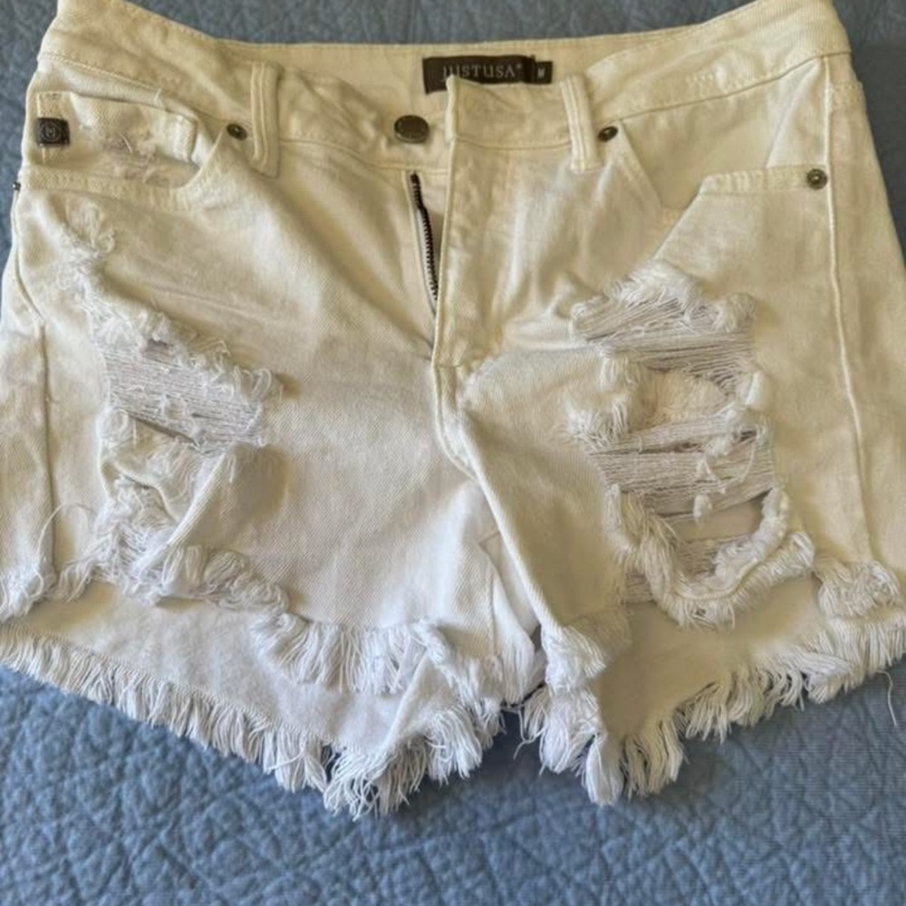 Just USA Distressed White Ripped Denim Shorts